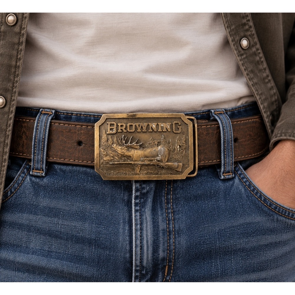 Vintage 1977 Browning Elk Rifle Belt Buckle Indiana‎ Metal Craft Brass XR86